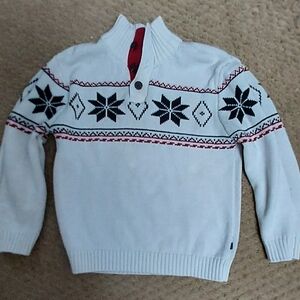 Izod Fair Isle Sweater Holiday Button Neck Boys 5T White Red Black Cotton